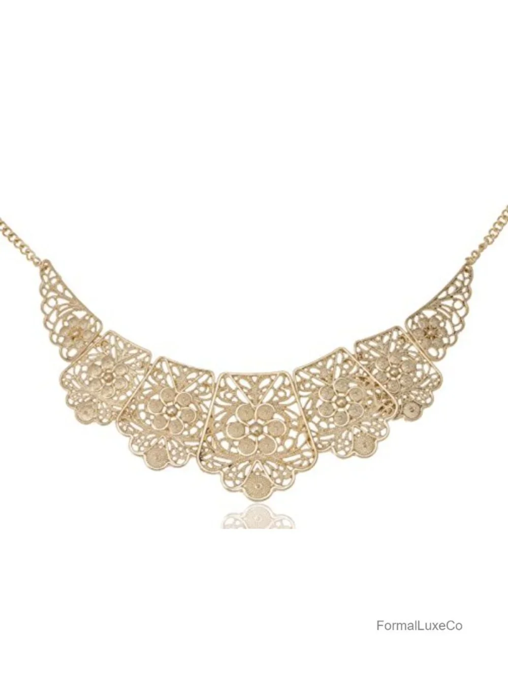 Vintage Antique Inspired Matte Bib Collar Necklace with Floral Filigree Cutout